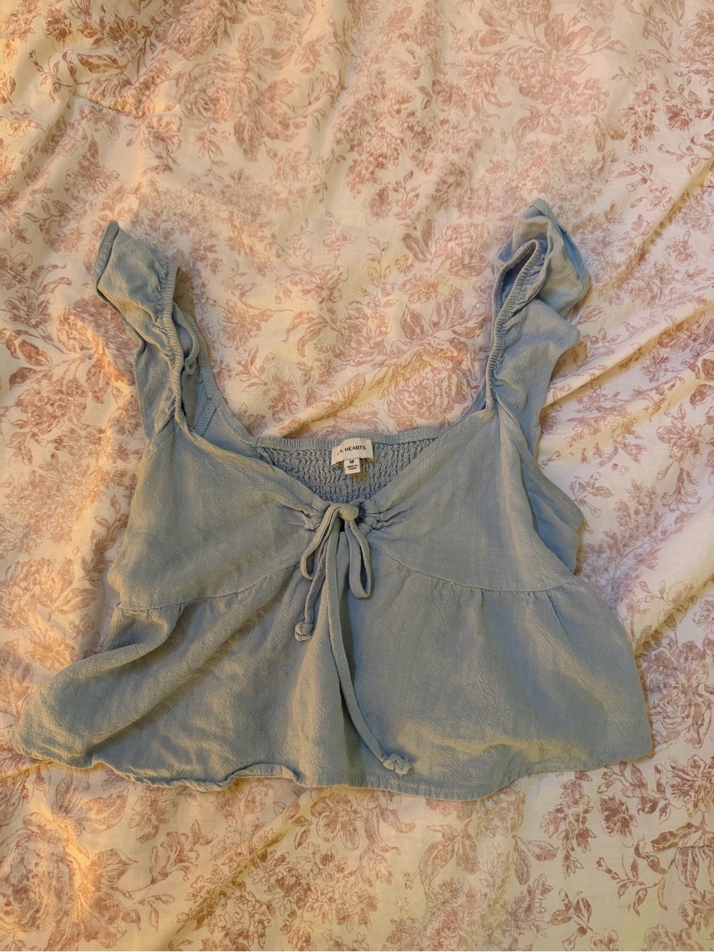 La Hearts Light Blue Ruffle-Strap Tie-Front Crop Top
